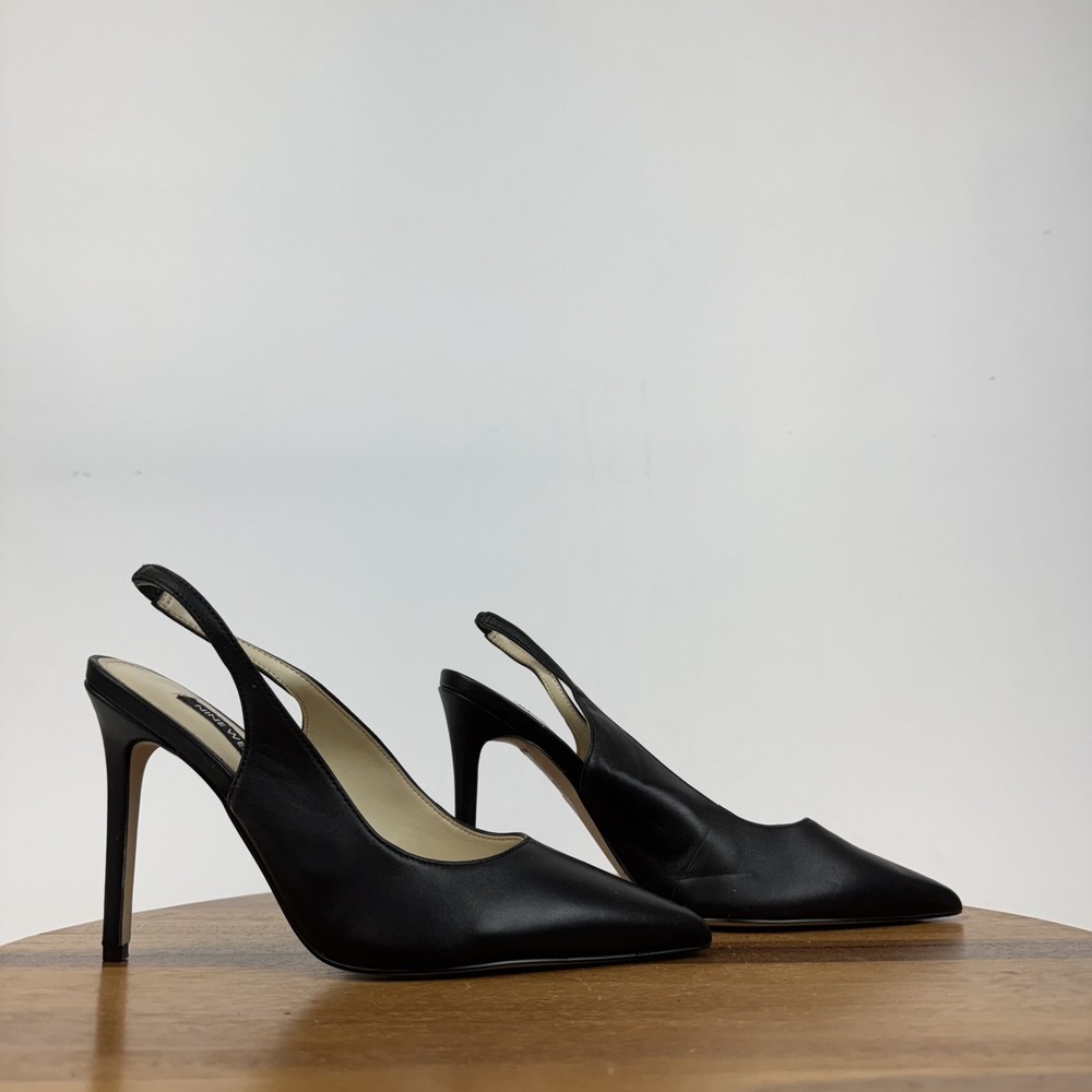 Womens Nine West Feather Black Leather Slingback High Heeled Pumps Size 7.5 M